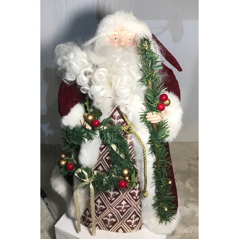 Porcelain Face Santa Claus Figurine Tree Topper Red Velvet & Faux Fur Coat 18"